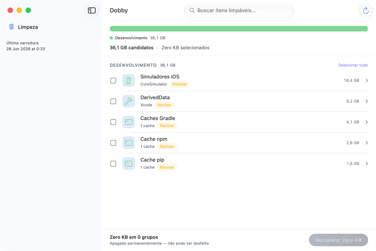 Screenshot of the Dobby app showing development caches such as DerivedData, iOS simulators, and npm