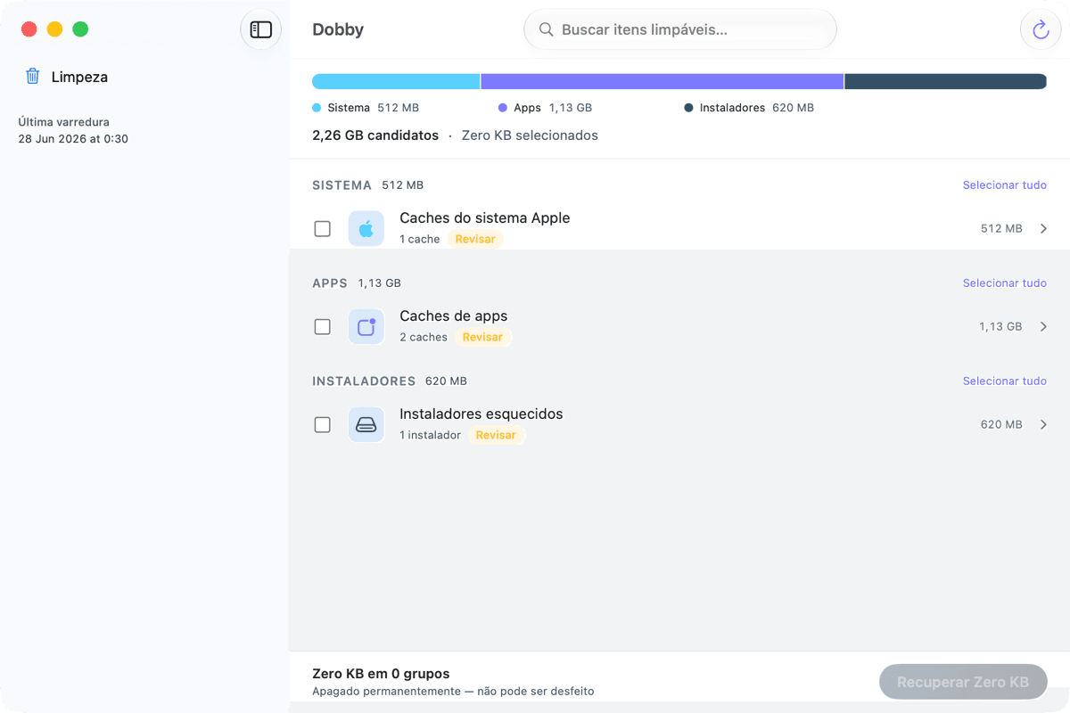 Screenshot of the Dobby macOS app showing the Cleanup screen with storage candidates grouped by category
